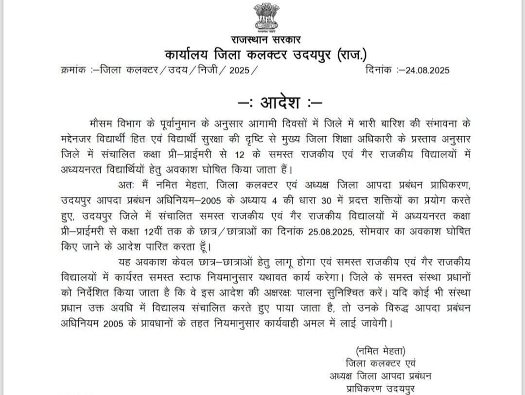 उदयपुर में भारी बारिश के अलर्ट के चलते सोमवार 25 अगस्त को सभी स्कूलों और आंगनवाड़ी में अवकाश घोषित
